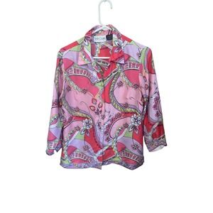Silk Club Collection Button Down Blouse 8 Pink Floral Psychedelic Retro Mod